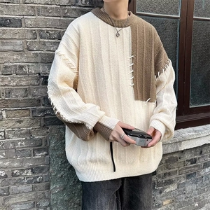 wassup happy拼接圆领毛衣男款冬季潮流撞色慵懒风针织衫保暖线衣图片