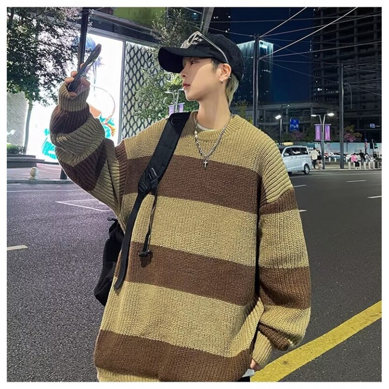 条纹圆领毛衣男宽松潮流新款潮牌秋冬季加厚男装针织衫A6007/P45图片