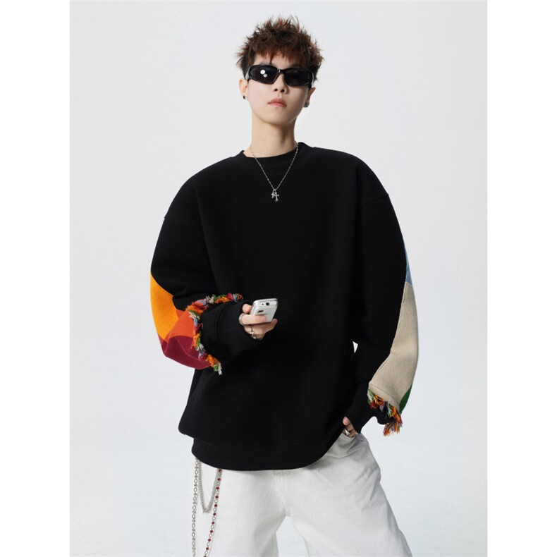 706-LK9999-P95现货春季男士痞帅拼色流苏设计圆领套头卫衣，男装卫衣，星座706