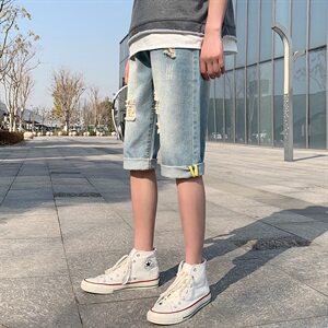 七分牛仔裤男潮牌夏季港风破洞短裤子男韩版潮流宽松直筒HT93图片