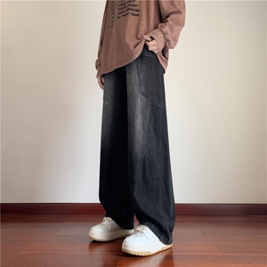 美式潮流复古水洗口袋拼接宽松弯刀牛仔裤B315-K24336-p65控78图片