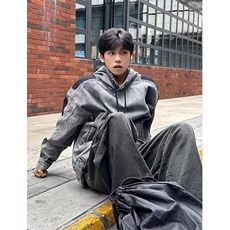 春秋美式街头嘻哈拼接牛仔夹克情侣水洗做旧宽松连帽外套机能风潮，男装夹克，星座506