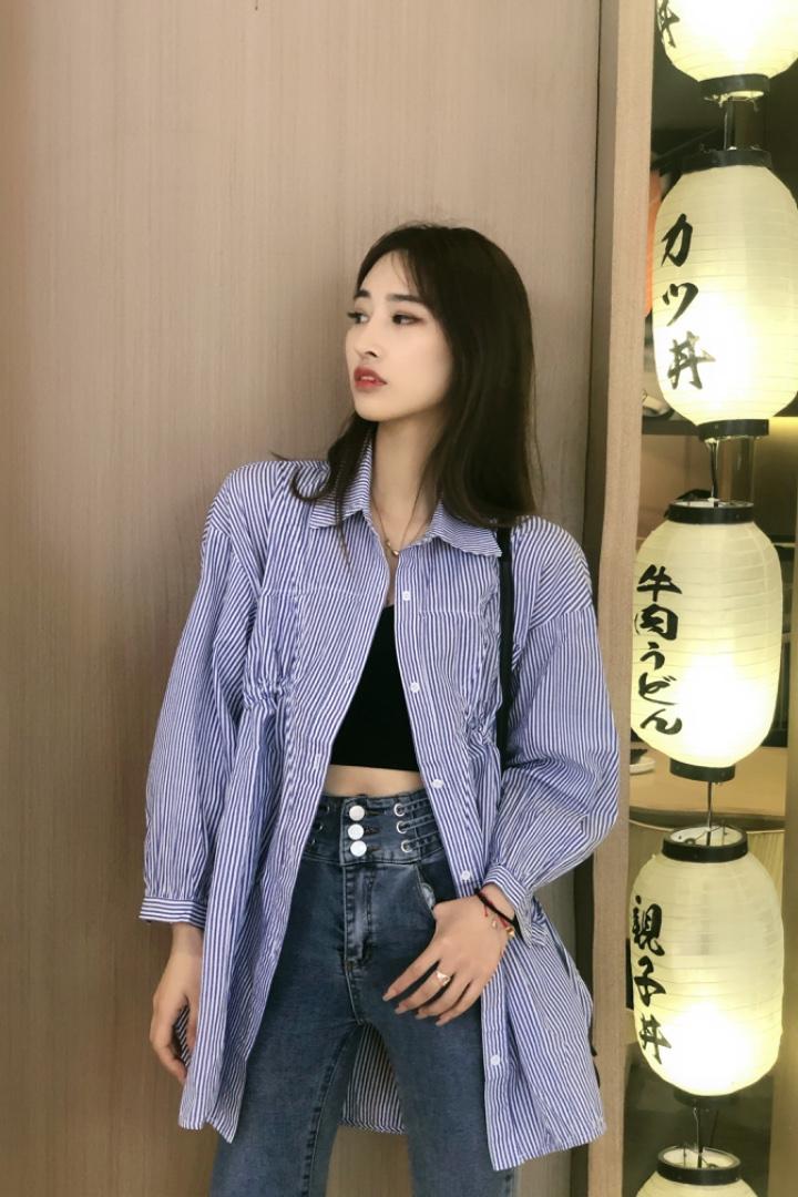 DG879春季新品设计感小众韩版抽绳休闲气质长袖衬衫,女装衬衫,L·H·X