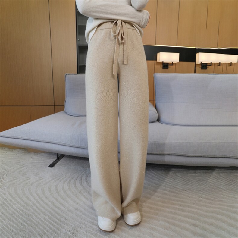 时尚宽松羊毛针织阔腿裤女秋冬季新款高腰显瘦休闲裤百搭长裤，女装休闲裤，鹏源羊绒