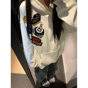 原创美式刺绣植绒徽章加绒连帽卫衣男女宽松加厚高街上衣 W1040图片