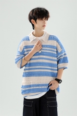 8XL-M特大码美式复古条纹撞色针织POLO衫翻领休闲短袖TDX311P35，男装T恤，电商D206-1