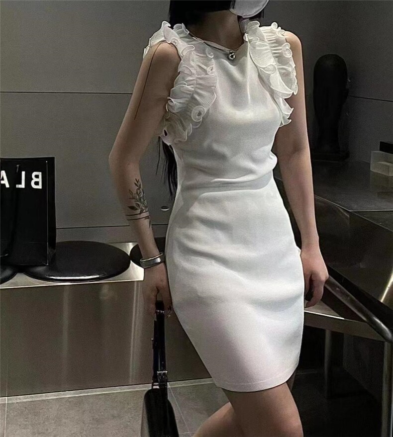 无袖冰丝连衣裙袖口木耳边设计，女装连衣裙，ZIA