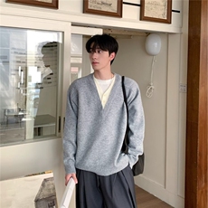 M273-P63美式复古设计感长袖毛衣男2025V领假两件，男装针织衫/毛衣，电商B323A