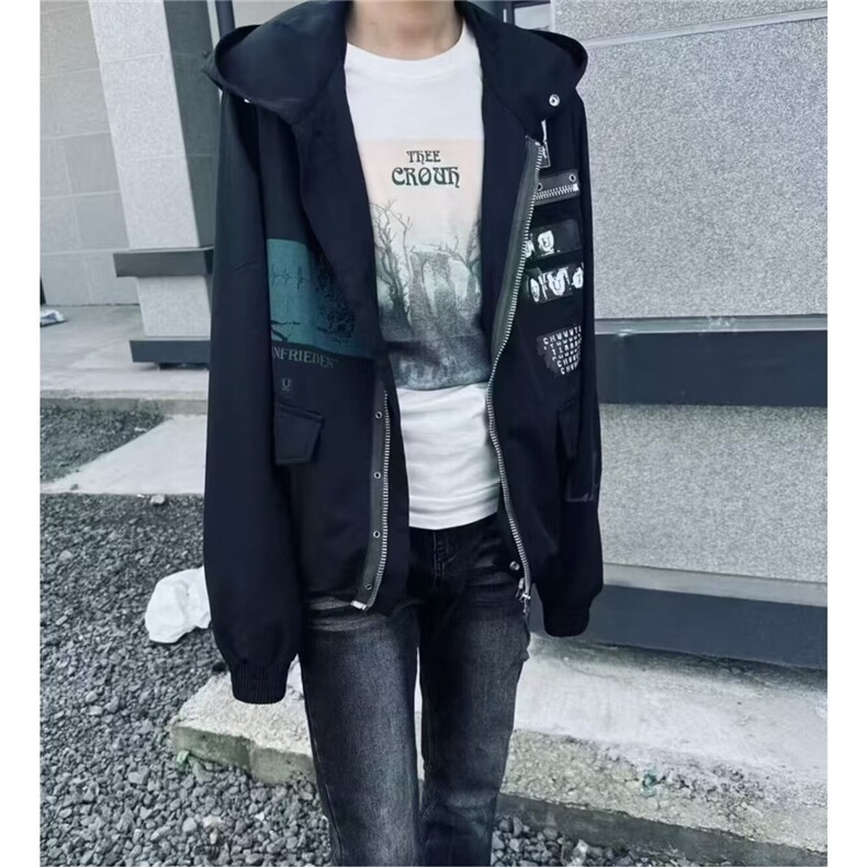 原宿连帽卫衣男秋冬加绒美式复古重磅大码慵懒风情侣帽衫外套潮流,女装短外套,星座506A