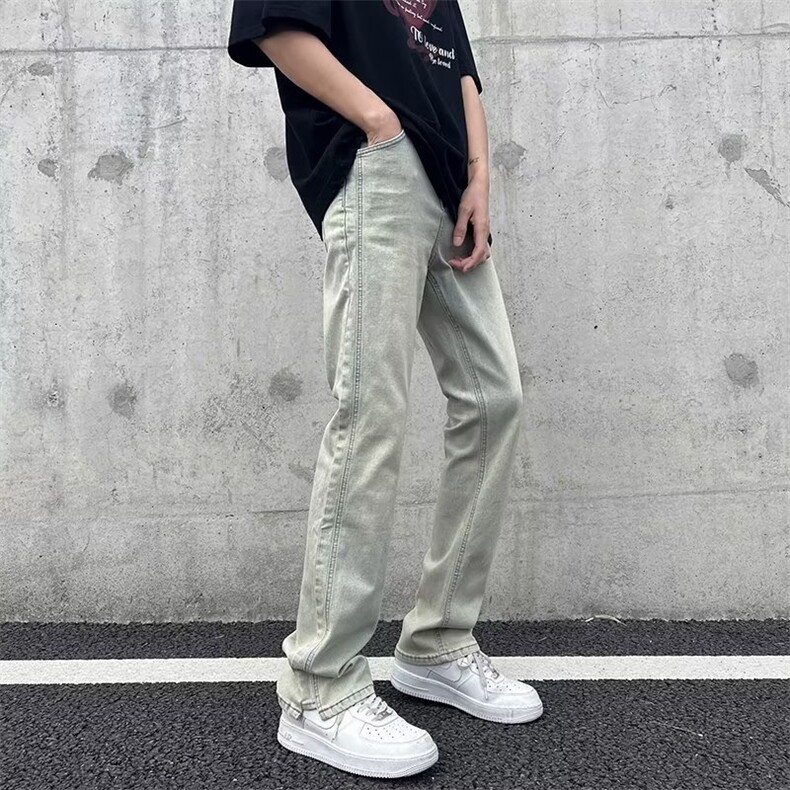 ins高街vibe风嘻哈美式复古水洗宽松直筒黄泥做旧牛仔裤MN75-P55,男装牛仔裤,星座1008-1