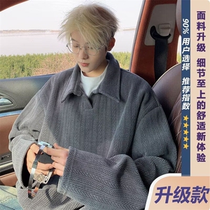 美式潮牌麦穗纹肌理感短袖t恤男夏季休闲宽松帅气半袖翻领POL图片