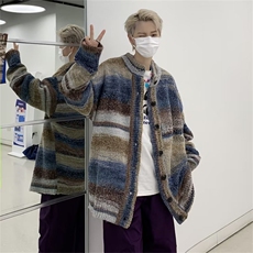 秋冬男圆领开衫毛衣条纹扎染单排扣渐变色贴标外套M5025-P65，男装针织衫/毛衣，星座1109-3