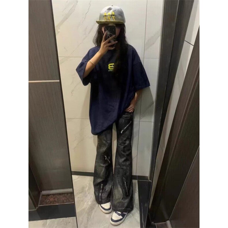 美式复古重磅水洗拉链微喇扎染牛仔裤男高街vibe直筒宽松休闲长裤,男装牛仔裤,星座601-1