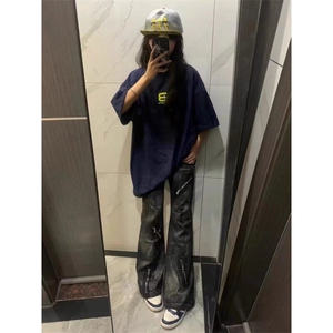 美式复古重磅水洗拉链微喇扎染牛仔裤男高街vibe直筒宽松休闲长裤图片