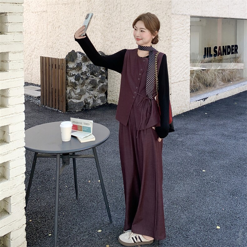 高级感复古气质马甲阔腿裤T恤套装女2025秋季新款时尚减龄三件套,女装套装/套裙,2C159