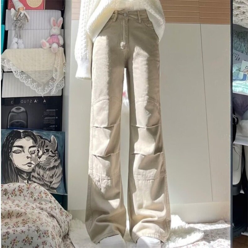 2024秋季美式卡其色工装宽松休闲裤子女高腰显瘦直筒微喇牛仔长裤图片