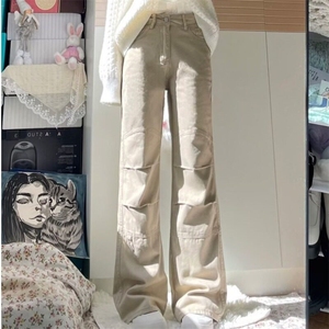 2024秋季美式卡其色工装宽松休闲裤子女高腰显瘦直筒微喇牛仔长裤图片