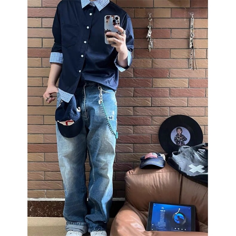 现货蓝色格子拼接翻领长袖上衣情侣款男女假两件衬衫CX03-TP45,男装衬衫,星座910A