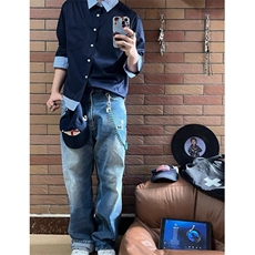 现货蓝色格子拼接翻领长袖上衣情侣款男女假两件衬衫CX03-TP45，男装衬衫，星座910A