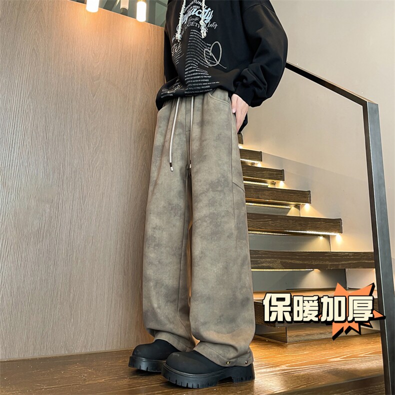加厚保暖潮牌直筒拖地阔腿裤扎染脏脏布纽扣收脚毛呢裤男7991-P65,男装休闲裤,电商C305A