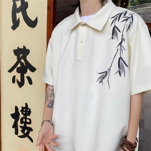 中式仿棉珠地包边刺绣风翻领POLO衫男士短袖休闲体恤T2504