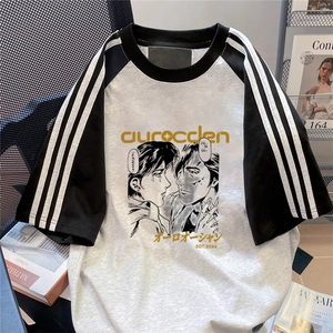 夏季美式高街重磅纯棉三条杠织带插肩撞色男女短袖T恤 CZ86-特P25图片