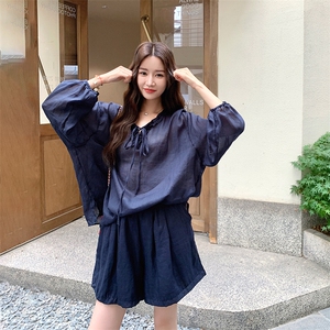 休闲防晒套装女设计感小众长袖衬衣+短裤两件套夏季图片