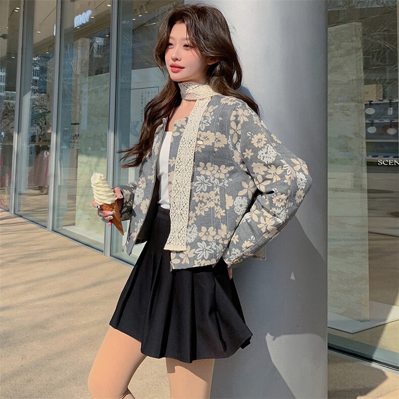 独特别致蕾丝飘带碎花外套女2025春季新款韩系休闲小个子短款上衣图片