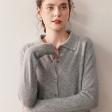 HE|基础美知性baby山羊绒针织开衫女polo领毛衣宽松衬衣领外套，女装针织衫/毛衣，朵沐纯羊绒