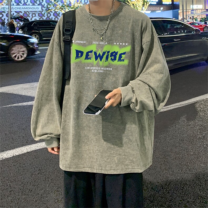 直播品质重磅纯棉美式蜡染水洗做旧潮牌宽松长袖t恤CT295特P38,男装T恤,电商A486
