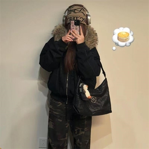 现货重磅boxy短款棉衣座山雕大毛毛领男女棉服水洗工装厚外套图片