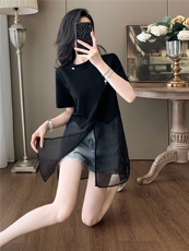 设计感小众时尚气质套装女夏新款圆领网纱拼接上衣牛仔短裤两件套，女装套装/套裙，江南