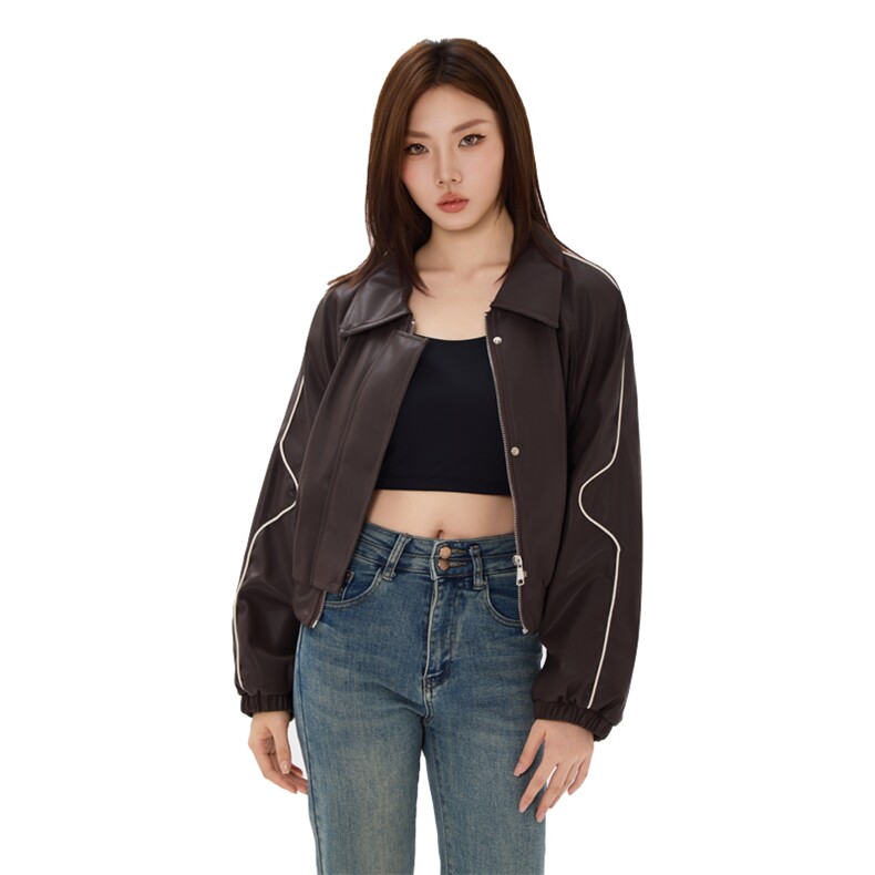 小个子皮衣外套女短款拼色秋季机车棒球服PU皮夹克,女装皮衣,曼琳思菲