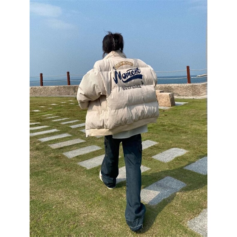 美式复古刺绣灯芯绒棉衣外套男女ins宽松加厚面包服情侣立领棉服图片