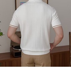 半拉链男士薄款条纹针织短袖夏季青年翻领T恤韩版潮流Polo衫，男装衬衫，星座506A