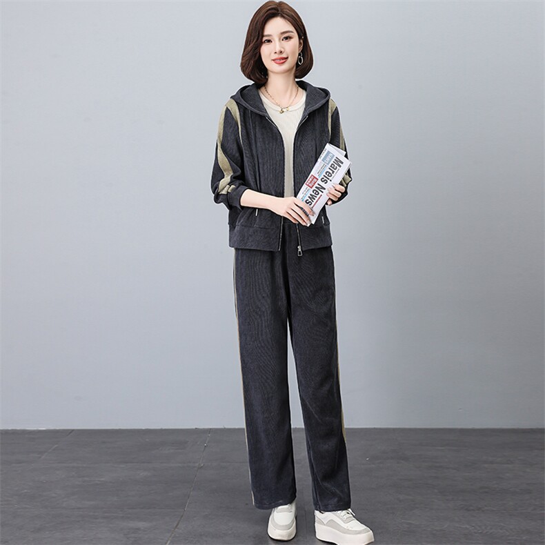 2024春秋季新款灯芯绒时尚休闲气质个性减龄休闲撞色套装,女装套装/套裙,独衣靓