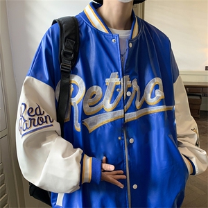 特批72控128 秋款pu皮拼色男士棒球领刺绣外套机动皮夹克潮PJ222图片