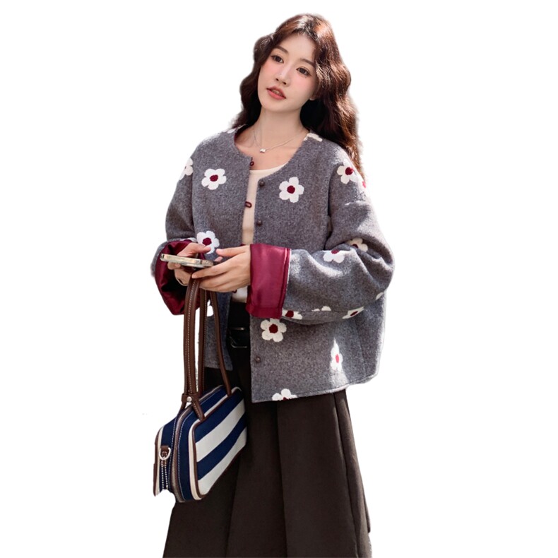 韩系短款毛呢外套女冬季2025新款设计感碎花减龄休闲显瘦呢子上衣,女装毛呢外套,2C177
