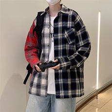 春秋季双色拼接格子衬衫男港风ins潮流宽松休闲衬衣W3840-P33，男装衬衫，星座512-2