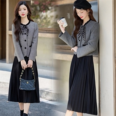 现货小香风套装女新款今年流行减龄漂亮时尚洋气百褶半裙套装，女装套装/套裙，韩蔻秀