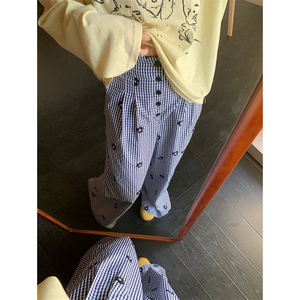 网图有货 美式蓝色格纹花朵刺绣休闲裤男女多排扣阔腿裤 A703-P50图片
