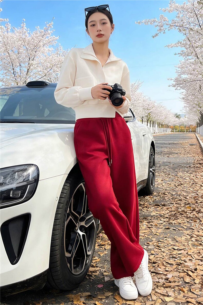 个性简约时尚套装女春季新款杏色立领长袖上衣红色阔腿长裤两件套,女装套装/套裙,江南