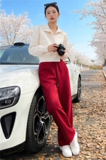 个性简约时尚套装女春季新款杏色立领长袖上衣红色阔腿长裤两件套，女装套装/套裙，江南