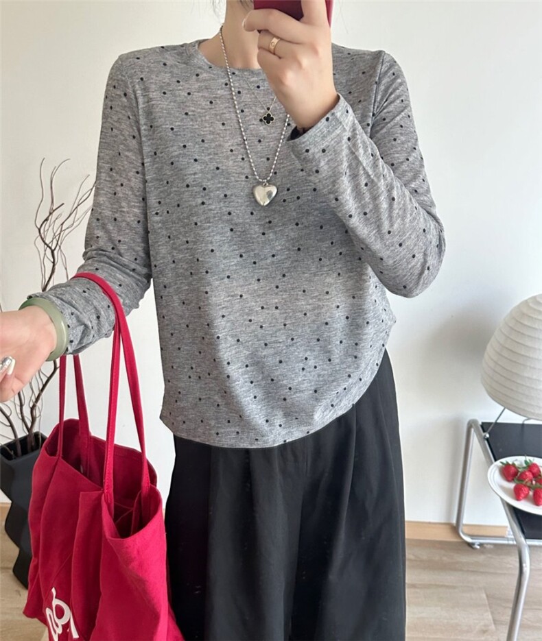 春秋波点精纺羊毛针织长袖T恤女显瘦内搭超薄打底衫微透罩衫上衣，女装针织衫/毛衣，臻纶羊绒
