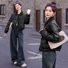 【现货现货】2024新款冬装羽绒服pu蛋白皮拼接灯芯绒短款90白鸭绒，女装羽绒服，雅静靓衣