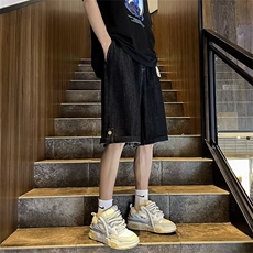 日系深蓝色搭扣牛仔短裤男夏季薄款宽松休闲裤子潮牌情侣5五分裤，男装休闲裤，星座1013