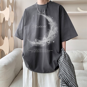 图案已注册夏季烟雾星星月亮短袖T恤男潮宽松半袖体恤衫D090/P25图片