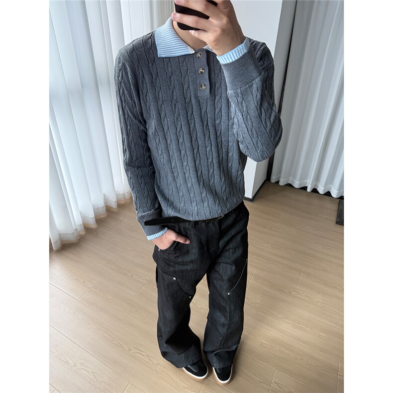 老钱风假两件polo领毛衣针织衫W1838/特P56,男装针织衫/毛衣,电商B350