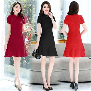 夏季红色蕾丝旗袍连衣裙女改良高端洋气妈妈送考高考年轻款裙子夏，女装连衣裙，鑫鑫美