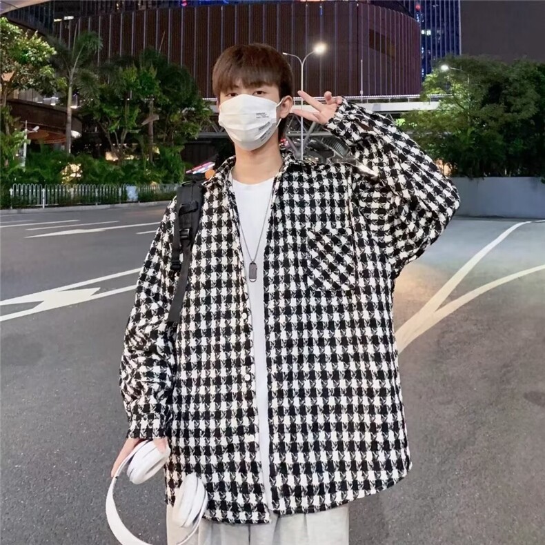 小香风千鸟格长袖衬衫外套男春秋季炸街男工装夹克痞帅上衣J408,男装夹克,星座1116A-1（原606A）